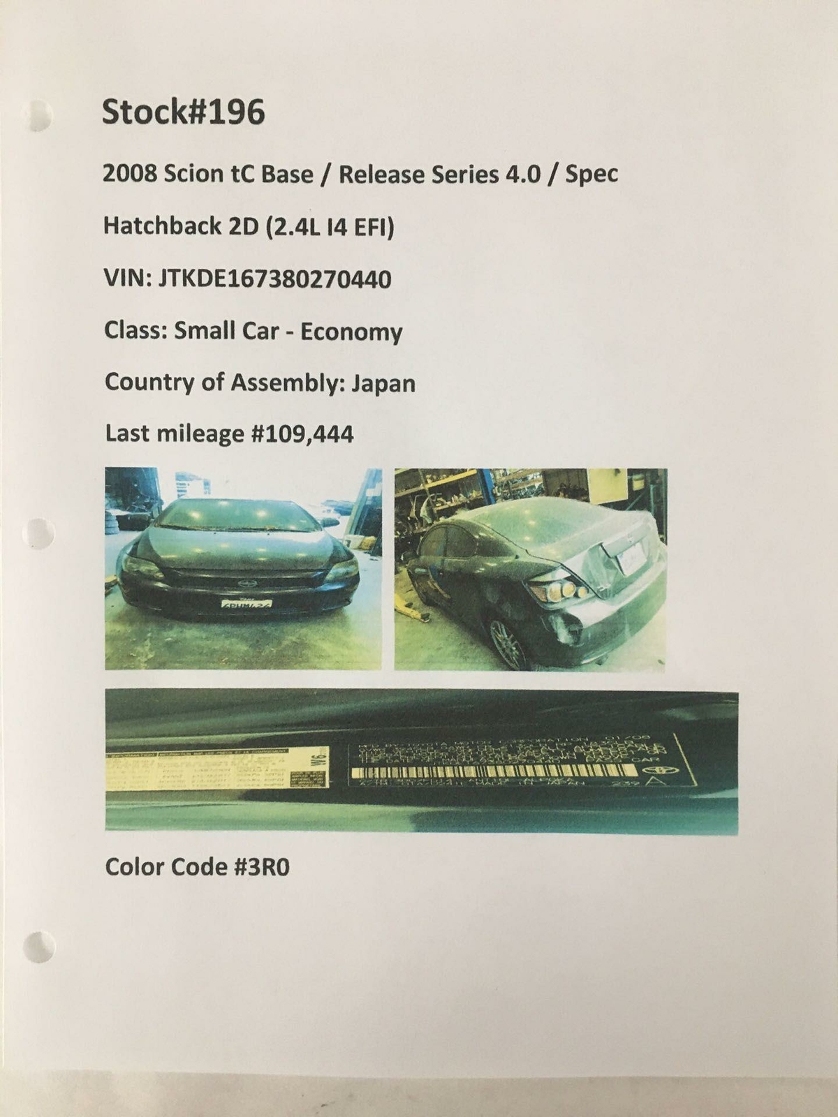 SCION TC 2008 Front Windshield Wiper Dash Grille Cowl Top Screen 55782