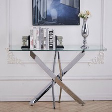 Rectangle Clear Tempered Glass Dining Table Cross Chrome Leg Side Tables Kitchen