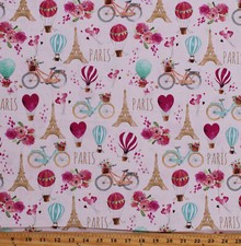 Cotton Paris Eiffel Tower Hearts Balloons Pink Fabric Print by the Yard D682.69