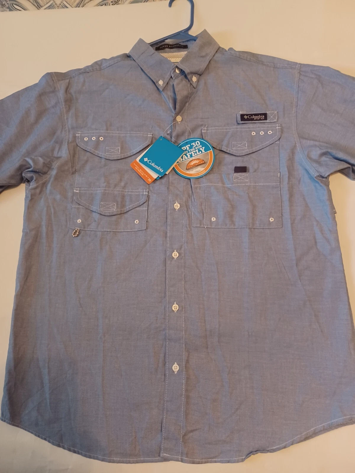 NWT Columbia PFG Shirt Mens Small Super Bonehead Vented S/S Button Down Blue