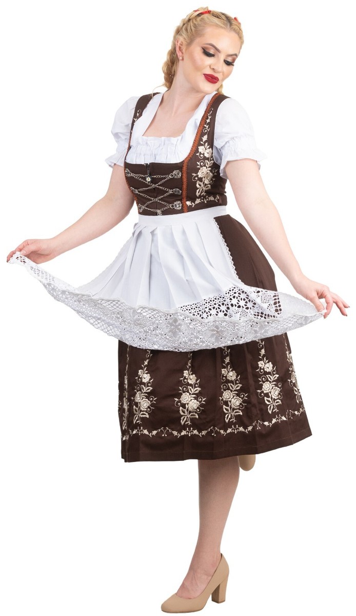 M 10 Brown German Dirndl Dress Oktoberfest Party Lace EMBROIDERED Waitress Midi