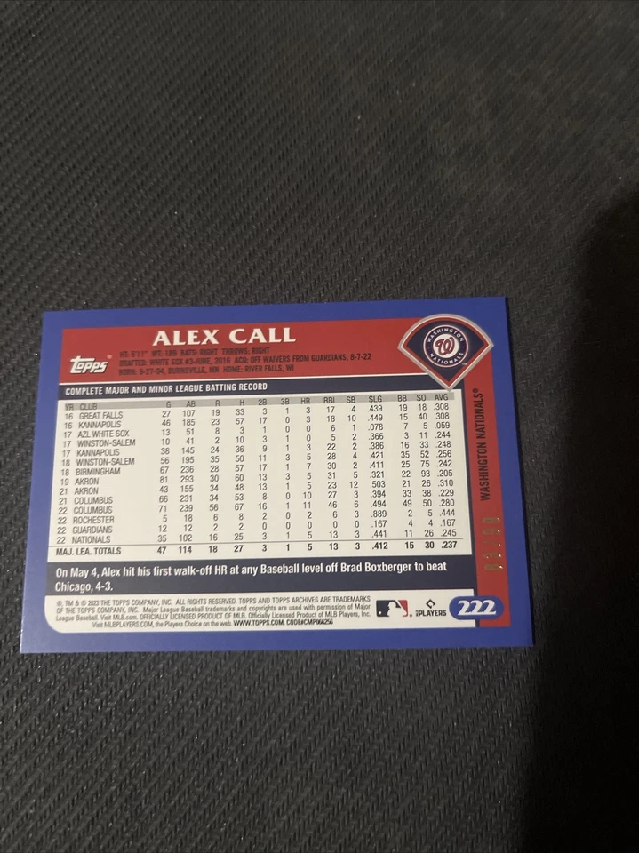 2023 Topps Archives Baseball Alex Call RC Green Foil /99 Nationals - Image 2 of 2