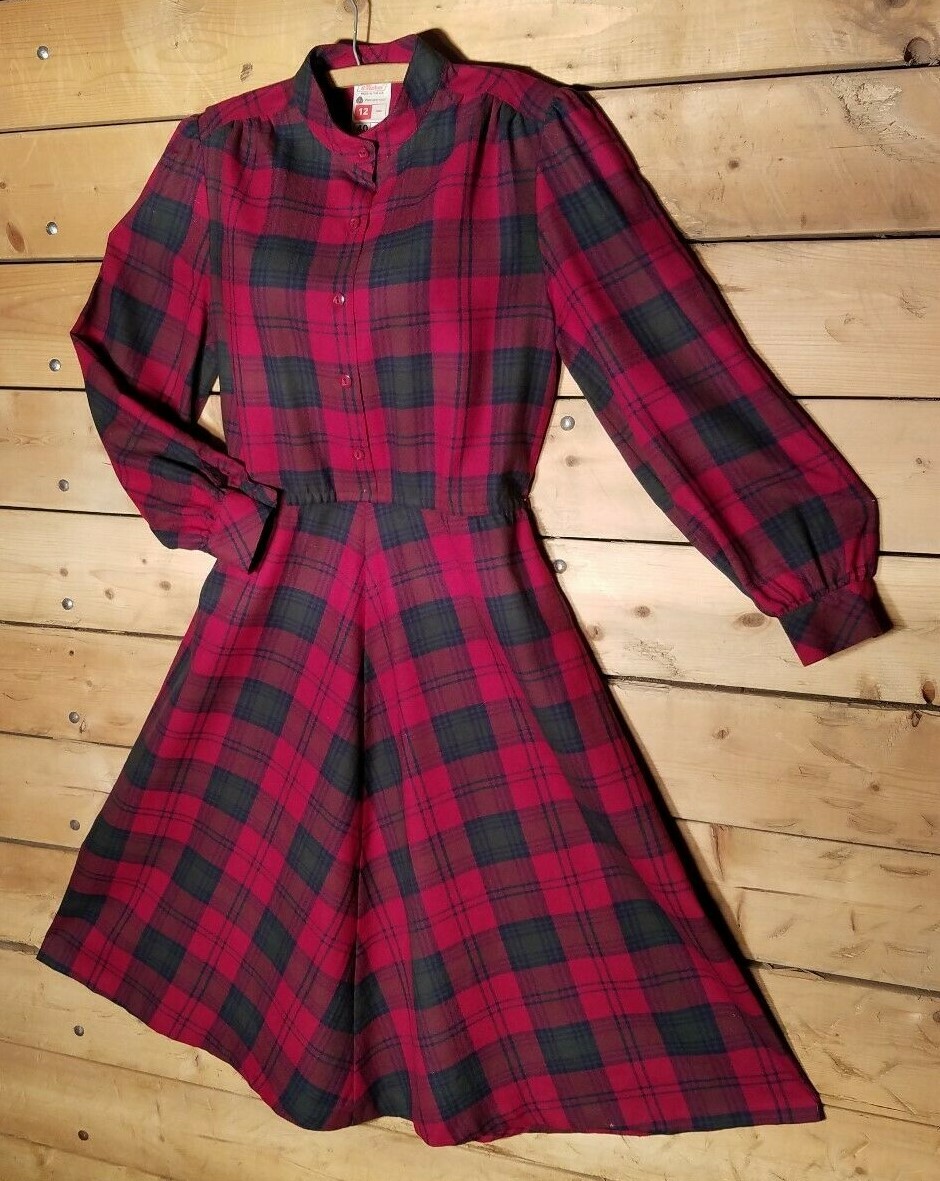 Vtg St Michael Pink Green Plaid Checker Wool Button Midi Dress Sz 12 Swanky  Barn | eBay