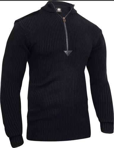 Black Acrylic Commando Military Quarter Zip Sweater with Suede Patches - Size M - Picture 3 of 5