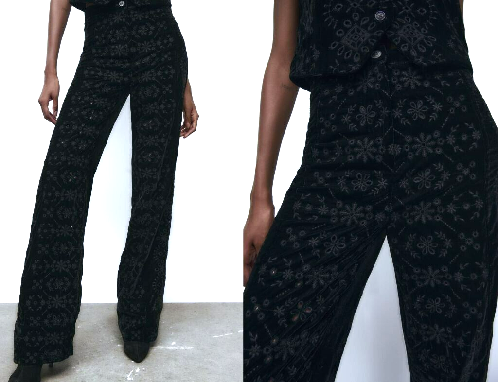ZARA BLACK EMBROIDERED VELVET ALINA HIGH WAISTED PANTS S | eBay