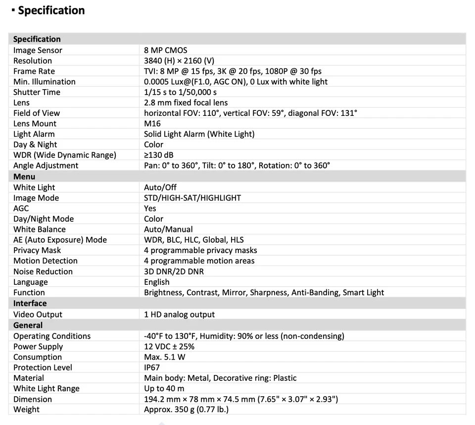 Cámara torreta LED CMHT1782W-28CF HD-TVI 8 MP/4K 247 a todo color 2,8 mm WDR 131 pies Foto 4 de 4