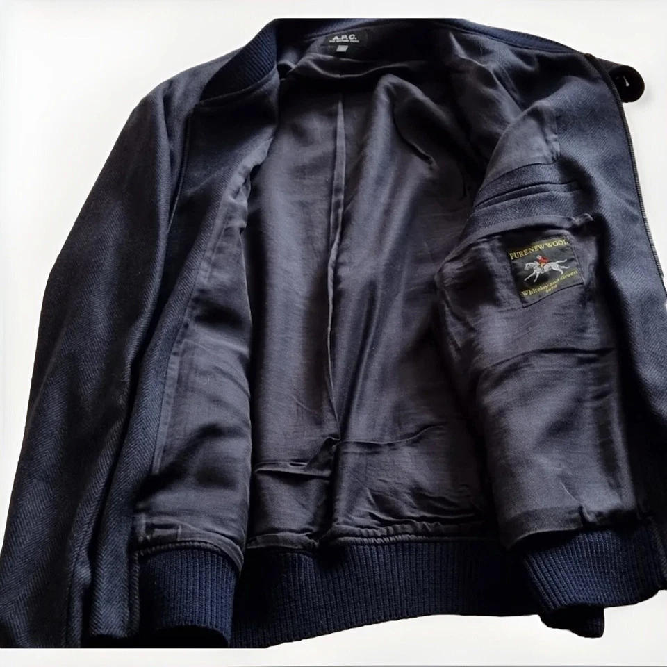 APC A.P.C. MENS BOMBER JACKET IN NAVY BLACK WOOL HERRINGBONE Size M/L - Image 2 of 4