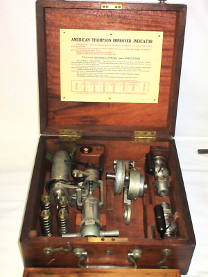 #ad 1904 THOMPSON AMERICAN STEAM GAUGE CO ENGINE INDICATOR WOOD BOX W KEYS 60 SPRING $353.00