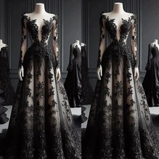 Gothic Black Wedding Dresses Lace Appliques Bridal Long Sleeves Floor Length