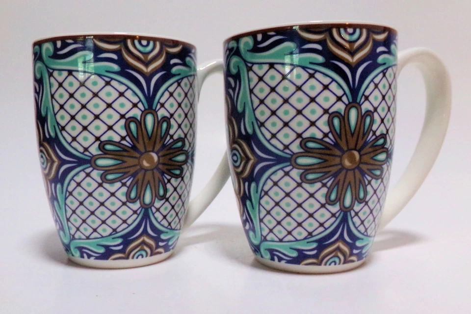 VanCasso: Set of 2 Coffee Mugs Porcelain Jasmin Royal Blue 4"T Geometric Design - Image 3 of 4