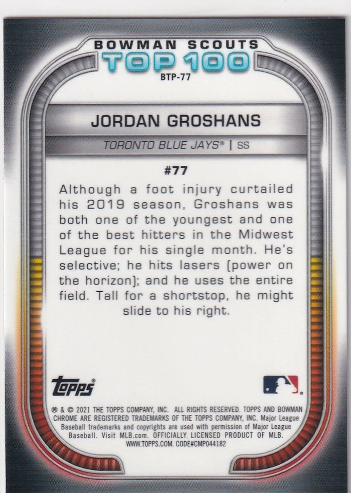 2021 BOWMAN CHROME RC JORDAN GROSHANS TORONTO BLUE JAYS TOP 100 INSERTS S3403 - Image 2 of 2