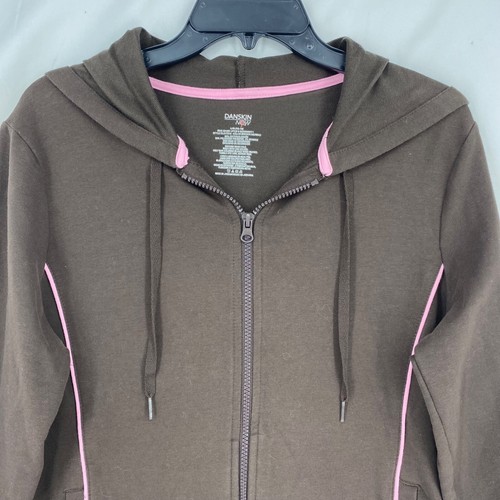 Danskin Now Womens Large Zip Front Hoodie Jacket Brown Pink Trim Pockets Stretch - Picture 2 of 8