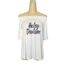 Harley Davidson Off the Shoulder Top Las Vegas Biker Grunge Womens Small White