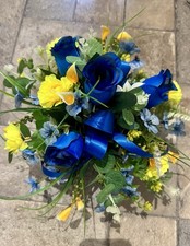 Artificial silk flowers memorial Crem Pot  Blue &Yellow Grave Pot FREE P&P Leeds