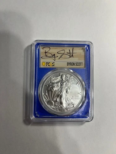 2020 (P) American Silver Eagle MS70 FDOI HOF Byron Scott Signed POP 77