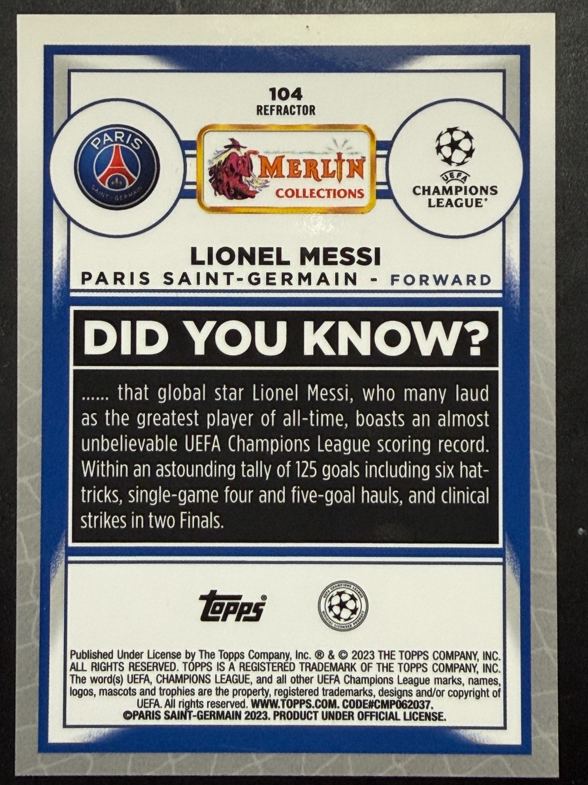 2022-23 Topps Merlin UEFA Club Competitions - Lionel Messi #104 Refractor view 2