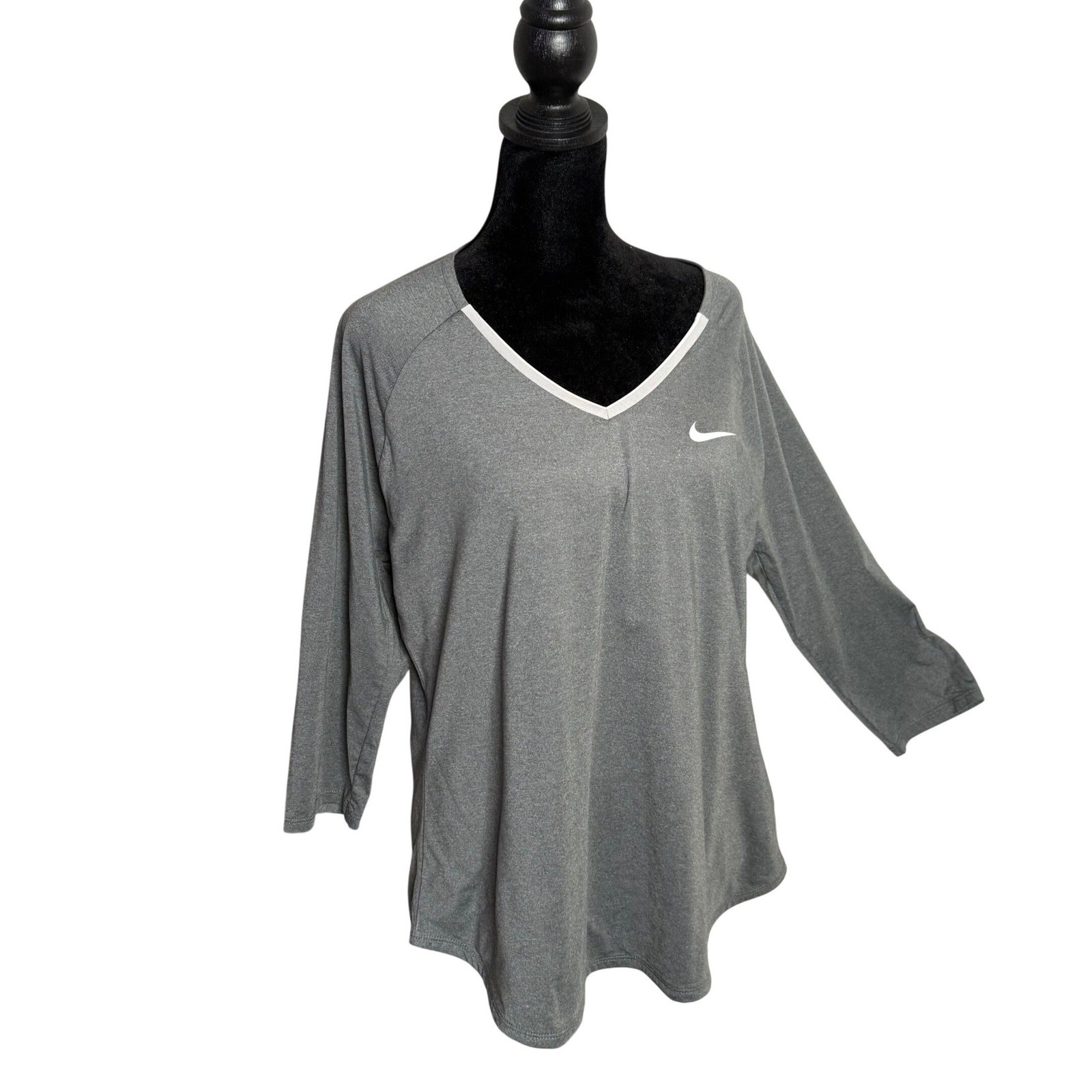 Nike Dri-Fit V Neck 3/4 Sleeve Top Womens XL Gray Training Shirt Workout Active