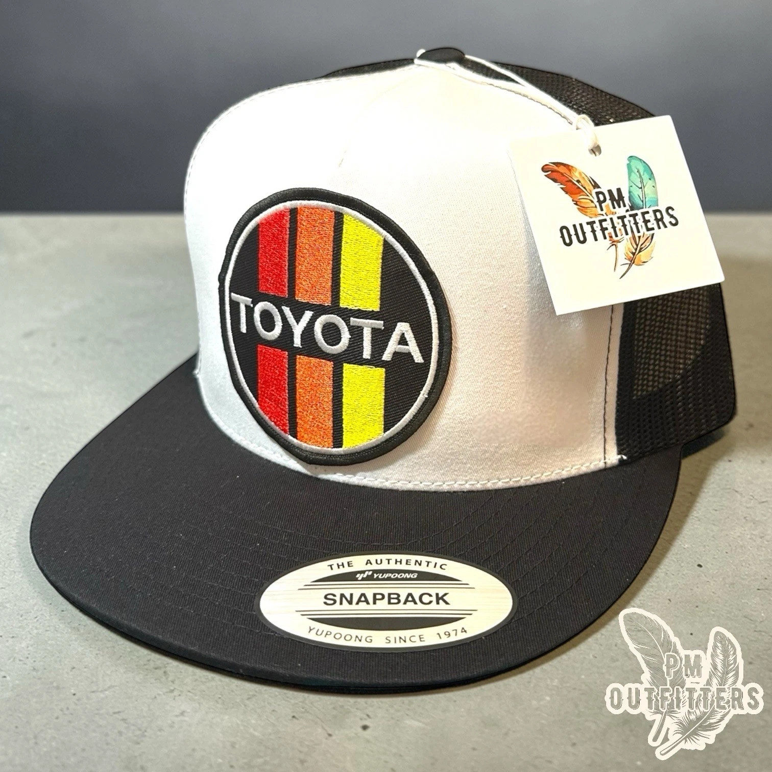 Toyota Retro Racing Stripes Trucker Hat | YP Classic Flat Bill White Black Patch