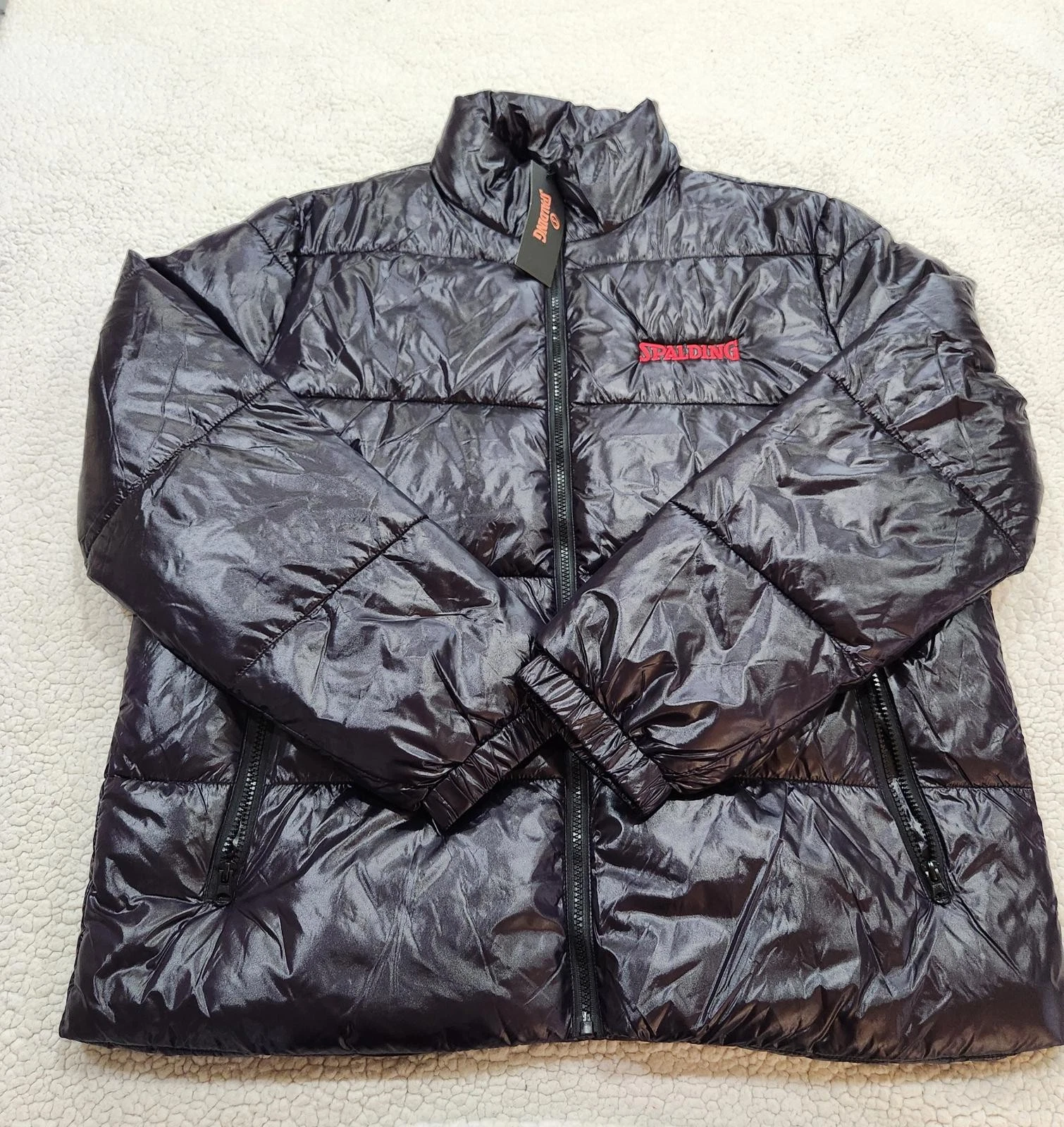 Spalding Men’s Black Puffer Varsity Jacket Winter Coat Satin Bomber Sz Large