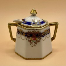 633 Antique NIPPON Hand-painted Mustard Pot Spoon Set-RC Green Mark (1906-1921)