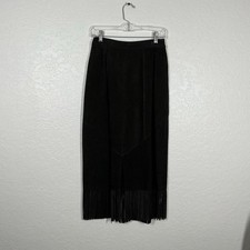 Vtg Pioneer Wear Maxi Skirt Black Suede cowgirl Fringe Size: 8 Western USA Made