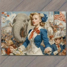 POSTCARD Parade Woman Blue Suit Elephant Crowd Flags Flowers Carnival USA