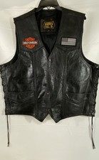 Bonus Men's Black Leather Harley Davidson Patch Biker Vest Side Lace Size 52