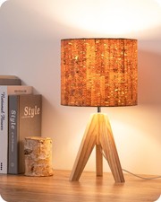 Small Table Lamp, Wooden Tripod Nightstand Lamp with Bark Linen Shade, Farmho...