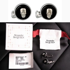 NEW $290 ALEXANDER MCQUEEN Mens Silver Tone Brass GRINNING SKULLS Onyx CUFFLINKS