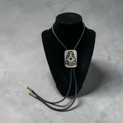 Silver Tone Black Enamel Thunderbird Bolo Tie Southwestern Cowboy Rodeo