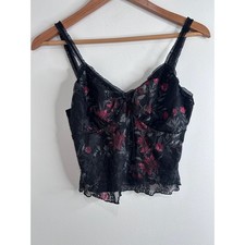 Black Red Floral Lace Camisole Babydoll Crop Tank Top Small Whimsigoth Fairy Y2K