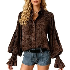 Women's Velvet Blouse Vintage Floral Puff Sleeve Top Soft Velvet Fabric,Flo...
