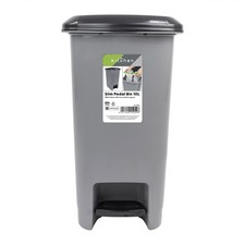 JVL Slim Plastic Lidded Foot Pedal Waste Bin, 10L, Grey
