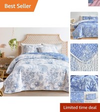 Reversible Quilt Set King Size, 3 Pieces White and Blue Botanical Floral Prin...