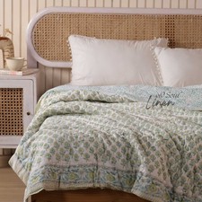 Vintage Floral Block Printed Quilt Double-Sided Soft Bedspread Full/Queen Size