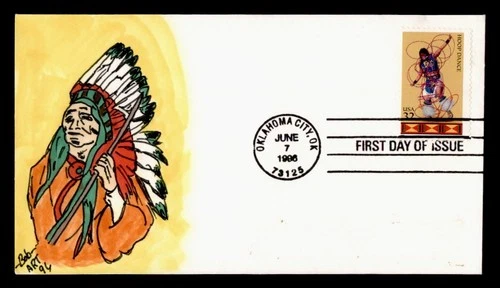 DR WHO 1996 FDC INDIAN HOOP DANCE BOB ART HAND COLORED CACHET M75300
