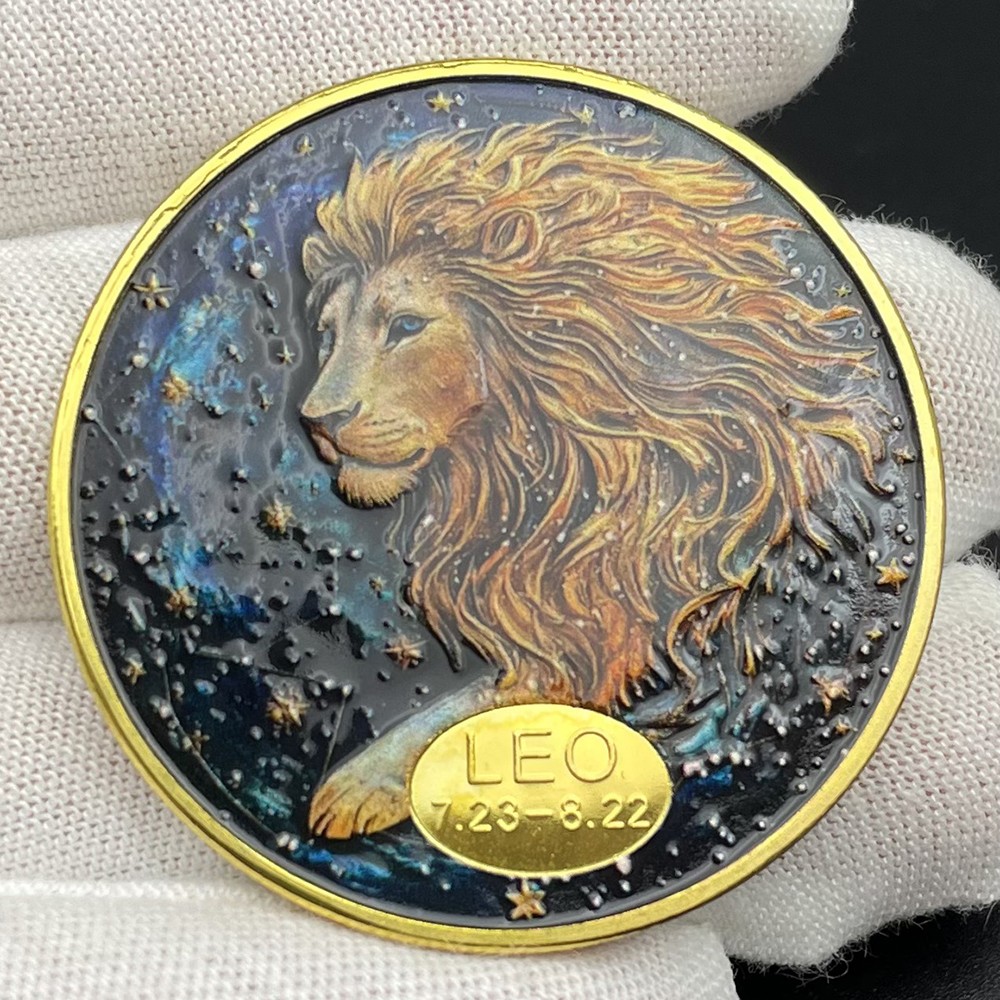 Leo Enamel Zodiac Gold Coin Constellation Lucky Token Horoscope Collectible Coin