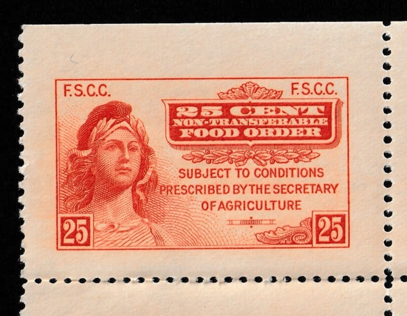 FOOD STAMP COUPON USDA 1939 2G1 BLOCK OF 4 FOOD ORDER OF 25c RED ORANGE scrip - Image 2 of 4