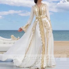 White Luxury Evening Dresses Golden Lace Appliques Moroccan Dubai Arabic Muslim