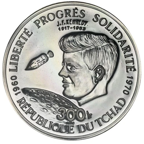 Chad 300 Francs 1970 Silver NGC PF66 'John F. Kenedy & Shuttle' Mtg.504 Top Pop!