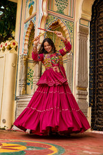 Pure Cotton Rani Pink Women Lehenga Choli Koti Set Gamthi Work Ethnic Dress