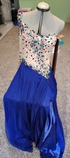 Mac Duggal Blue One-Shoulder Beaded Prom Dress Chiffon Slit NWT Size 10 $538