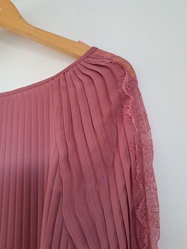 Next Pleated Chiffon Blouse Top UK 10 Dusky Pink Long Sleeve Lace Strip Floaty - Picture 9 of 16