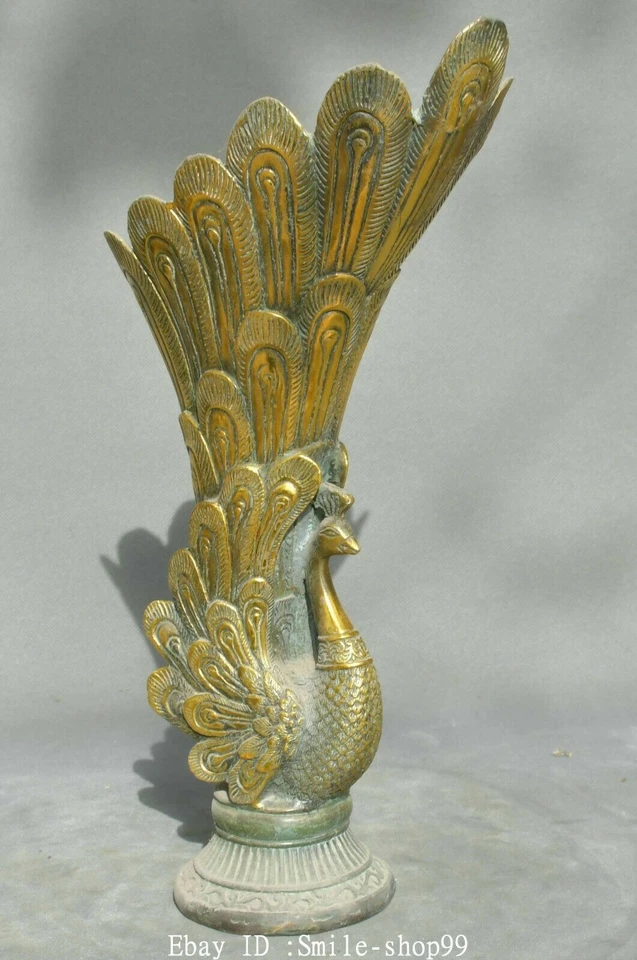 13.7" Antigua China Bronce Dorado Dinastía Pavo Real Pavo Real Pájaro Soporte Pluma Cepillo Olla Foto 4 de 4