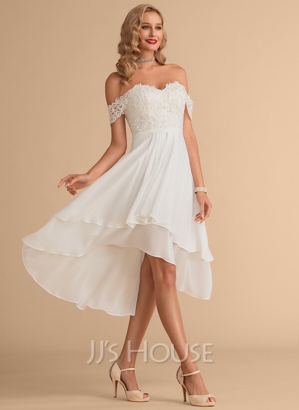 asymmetrical chiffon wedding dress Grecian Lace Chiffon Asymmetric Wedding Dress