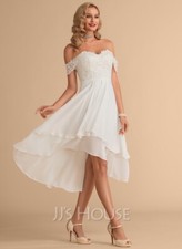 A-Line Off-the-Shoulder Asymmetrical Chiffon Lace Wedding Dress With Beading Seq