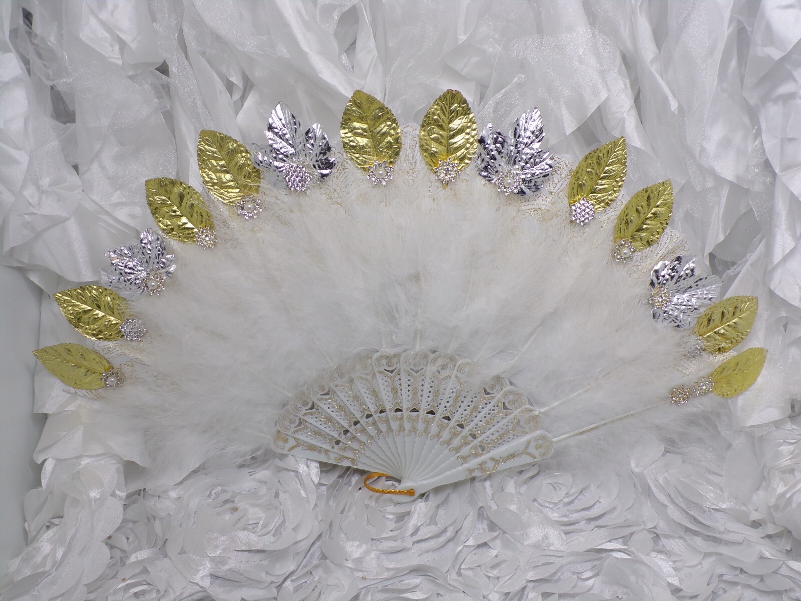 Embellished Art Deco Victorian Style Feather Fan - Open Fan Flapper Beauty 3