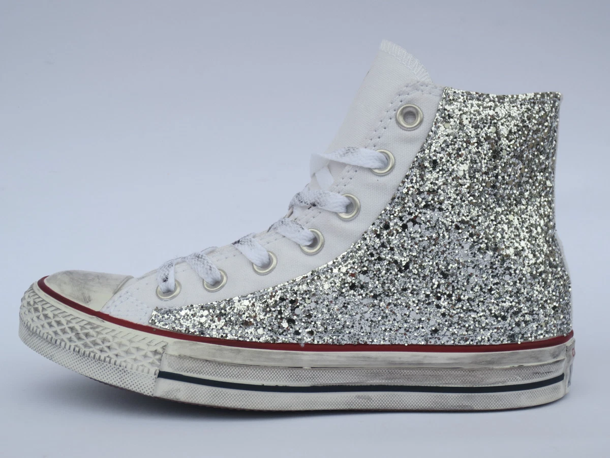 Converse All Star Hi White Optical White Glitter Silver Vintage Crafts