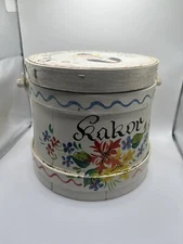 Vintage Norwegian Hand Painted Firkin Round Wood Basket Folk Art