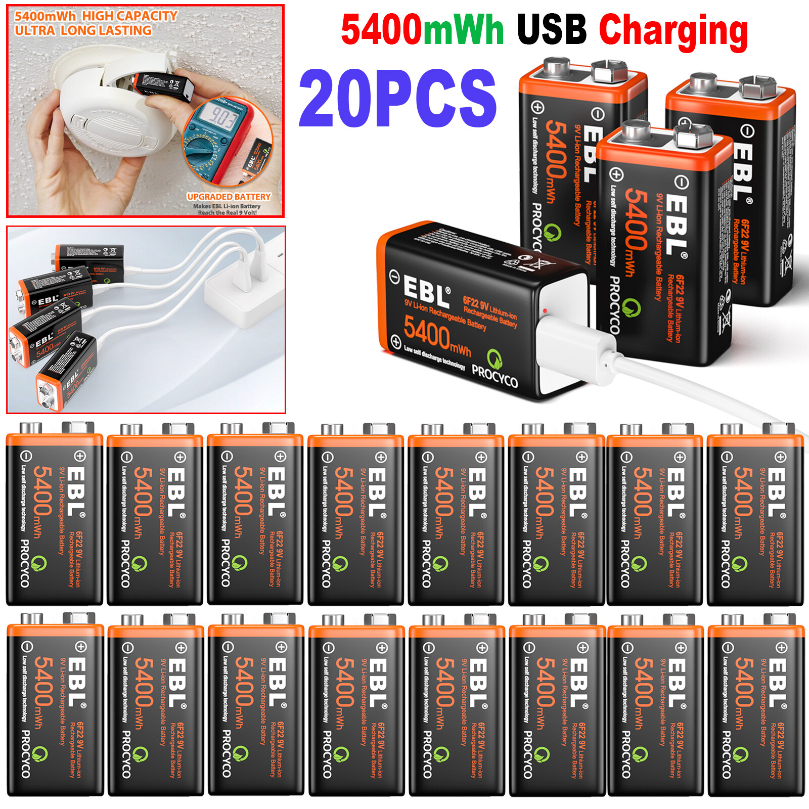 20x USB 9V Rechargeable Batteries LI-ion 5400mWh+Cable for Smoke Detector Alarms-image